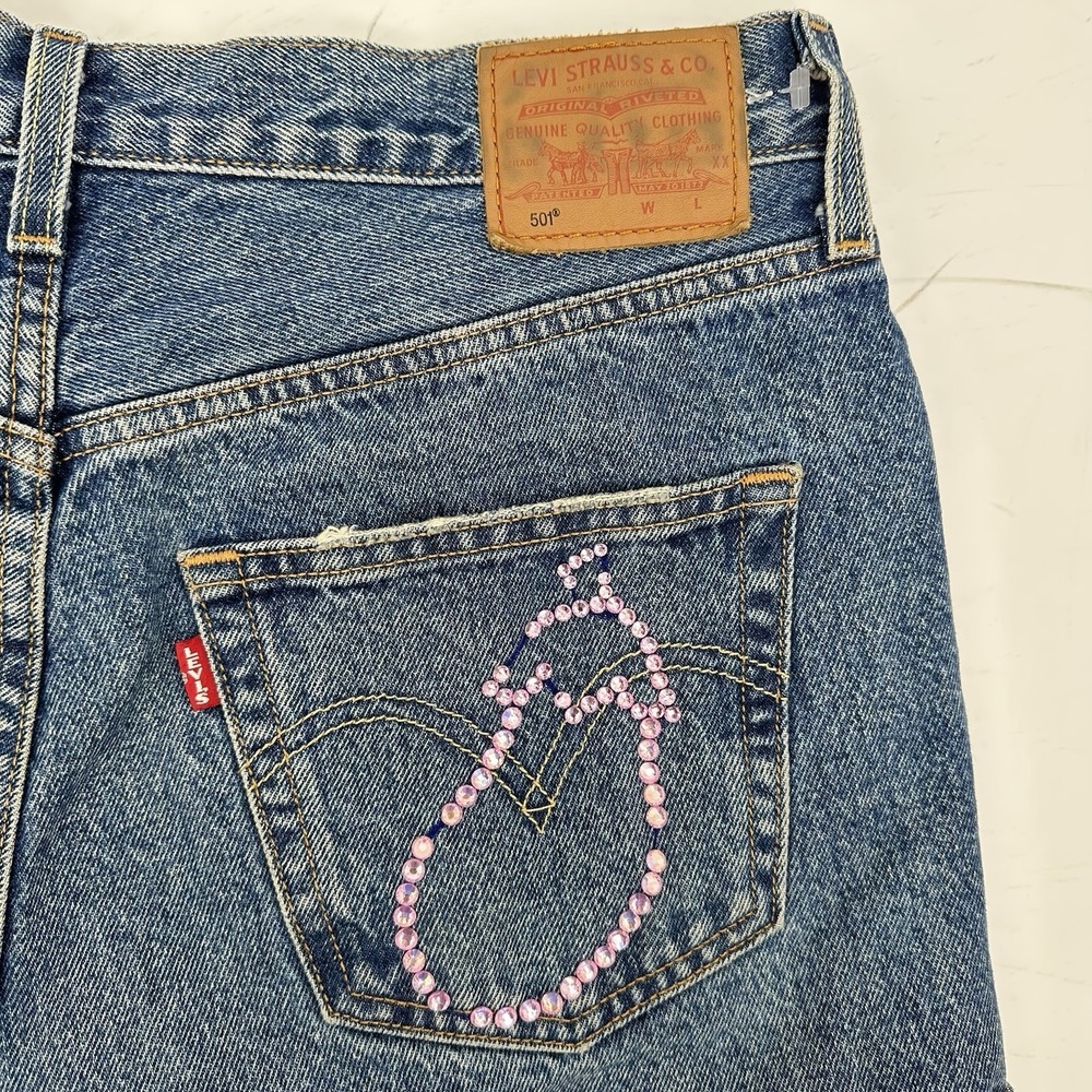 Levi's 501 Premium Custom Cutoff Shorts W30 Rhinestone Fringe Festival Y2K Denim - Picture 10 of 13